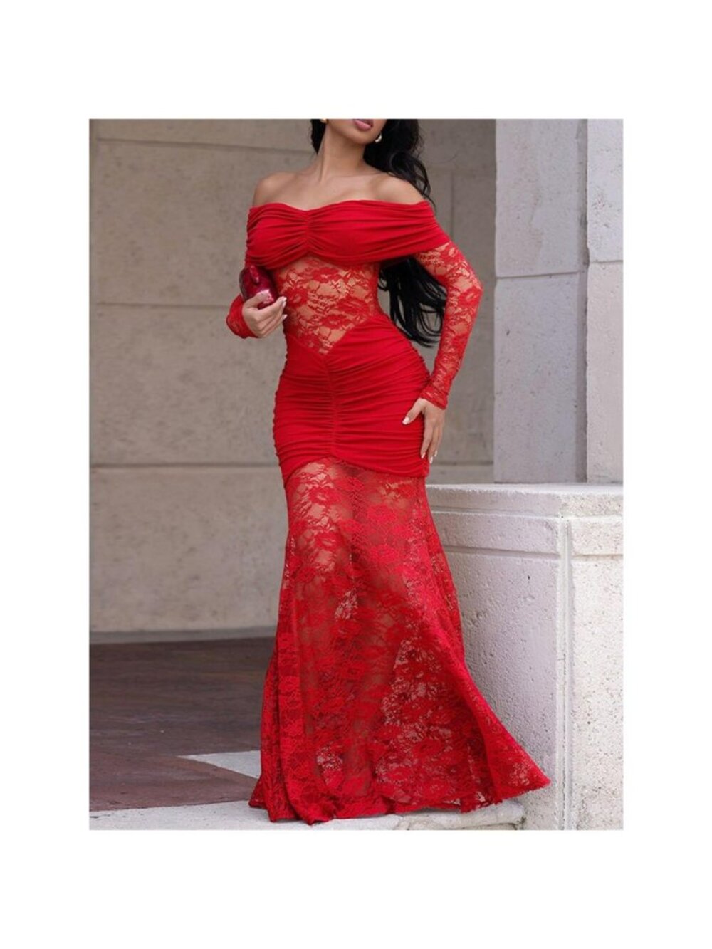 Off-Shoulder Ruched Lace Mermaid Maxi Dress